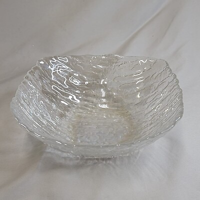 #ad Ruffled Crinkle Iridescent Clear Art Glass Bowl Square 7.5quot;W x 2.75quot;H