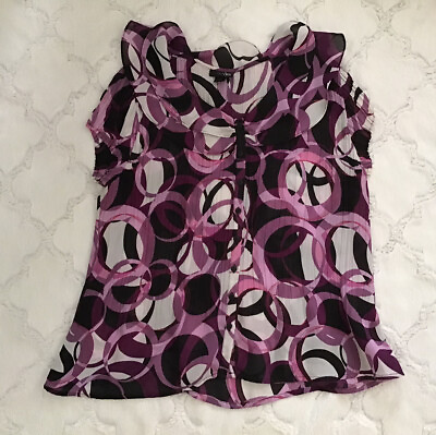 #ad East 5th Women#x27;s Sz M Petite Purple Printed Ruffle Collar Pleated Button Up Top