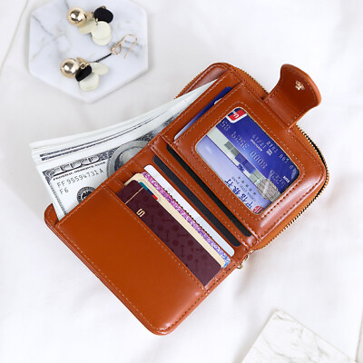 #ad RFID Womens Small Bifold Leather Wallets Card slots ID Window Zipper Coin Purse $9.77