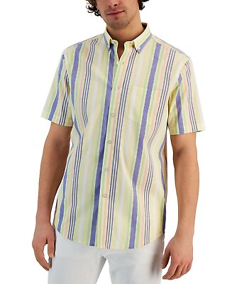 #ad Club Room Men#x27;s Wally Classic Fit Stripe Button Down Poplin Shirt Yellow Large