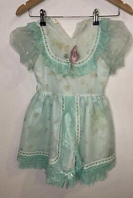 #ad Vintage Toddler Girls Mint Green Dot Sheer Chiffon Party Dress 1950s Size 4