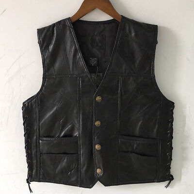 #ad Men#x27;s Leather Stitching V neck Vest Sheepskin Single Breasted Vest