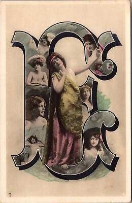 #ad Hand Colored Real Photo Postcard Large Letter E Filled with Women and Children