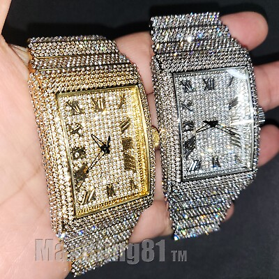 #ad Men Full Iced Band Simulated Diamond Gold Silver Finish Hip Hop Metal Icy Watch $39.95