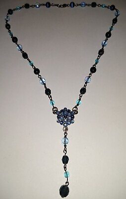 #ad Blue Bead Crystal Rhinestone Necklace 16quot;