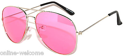 #ad COLORED PINK LENS AVIATOR STYLE METAL SUNGLASSES SILVER FRAME SHADES 99% UVB UVA