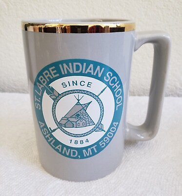 #ad VTG ST LABRE INDIAN SCHOOL Coffee Mug Gray Teal Gold Friends Society Teacup 1994
