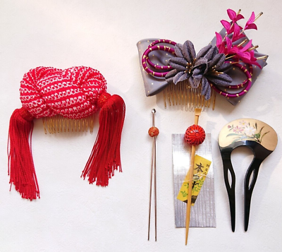 #ad Vintage Hair pin Japanese Kimono hair ornament Kanzashi accessories set of 5 $115.00