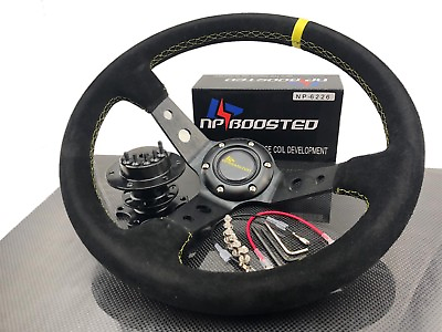 #ad Universal 350MM Steering Wheel Suede Leather Yellow Stitch 4quot; Dish Drift Spec