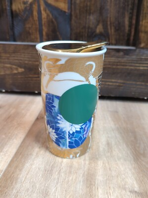 #ad STARBUCKS 2014 Travel Coffee Mug Green Dot Blue Gold Flower 12 oz With Lid