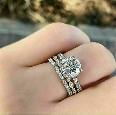 #ad 2.63 Ctw Classic Round Moissanite Engagement 3 Piece Ring Set In 14k White Gold