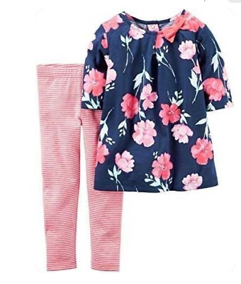#ad Carters Girls#x27; 2 Piece Navy Floral Blouse with Pink Stripe Leggings Set Outfit $17.00