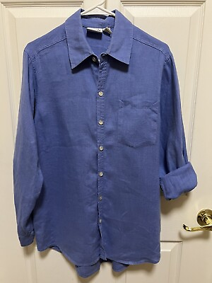 #ad Chico’s Design Women’s 1 8 10 100% Linen Blue Button Oversized Shirt LS