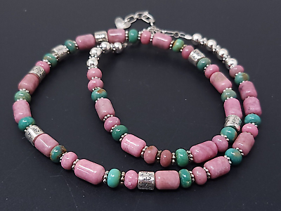 #ad Vintage Carolyn Pollack Sterling Silver Turquoise Rhodonite Bead Necklace 17quot;
