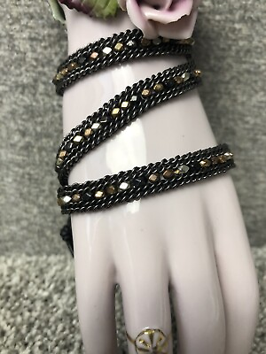 #ad Nakamol Wrap Bracelet Metal Chain Metallic Stones Leather Ties