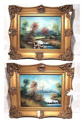 #ad Antique Vintage Oil Paintings On Board Landscape Gilt Frames Signed