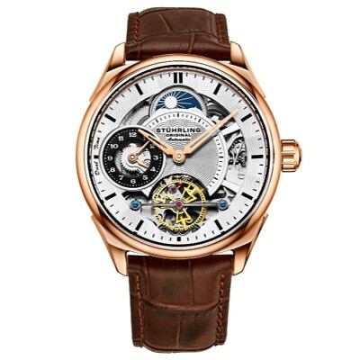#ad Stuhrling 943A 03 Dual Time AM PM Automatic Skeleton Brown Leather Mens Watch