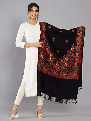 #ad Black Indian Wool Shawl Embroidered Red Green Flowers amp; Pink Vine Pashmina Ari