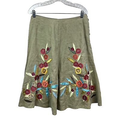 #ad J. Jill Midi Skirt Linen Floral A Line Side Button Olive Green Women Size 10