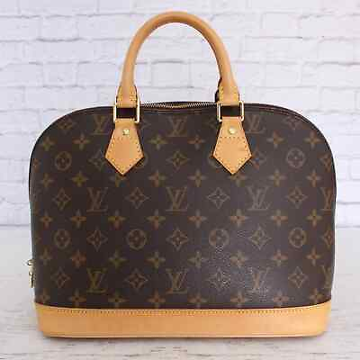#ad Louis Vuitton Alma MM Monogram Satchel Brown Leather Handbag Zip Bag Tote Purse