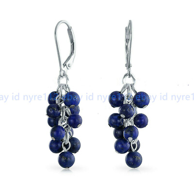 #ad 6MM Blue Lapis Lazuli Grape Cluster Round Gems Beaded Silver Dangle Earrings N95