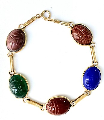 #ad 14k Gold Scarab Bracelet Large Gems Lapis Jade Goldstone Carnelian 7.25” Vintage