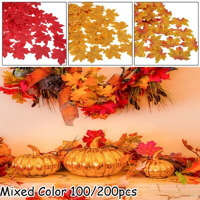 #ad 100 200Pcs Fake Silk Autumn Maple Leaf Fall Leaves Craft Wedding Party Decor New
