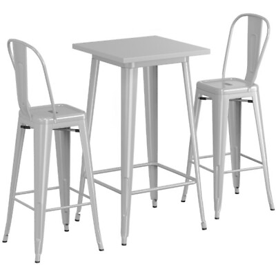 #ad 24quot; Square Silver Metal Restaurant Bar Table Set with 2 Cafe Barstool For Outdoo