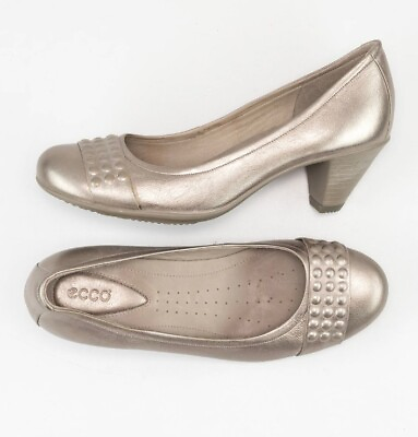 #ad Ecco Dress Classic Studded Comfort Heel Leather Pump Size 7.5N EU 38 Gold EUC