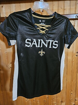 #ad New Orleans Saints Ladies Top Black Graphics Laced V Neck Short Sleeve EUC 625