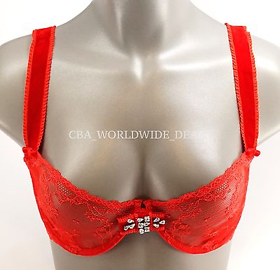 #ad Victoria#x27;s Secret Designer Collection Red Lace Velvet Bling Bow Unlined Demi Bra