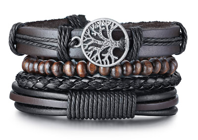 #ad Mens Braided Wrap Leather Bracelets Wooden Beads Ethnic Tribal Wristbands Rudder