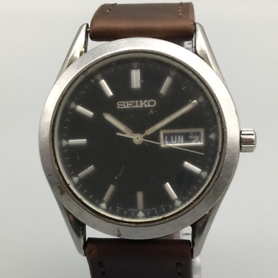 #ad Seiko Watch Men Silver Tone 37mm Black Dial Day Date 7N43 9070 New Battery