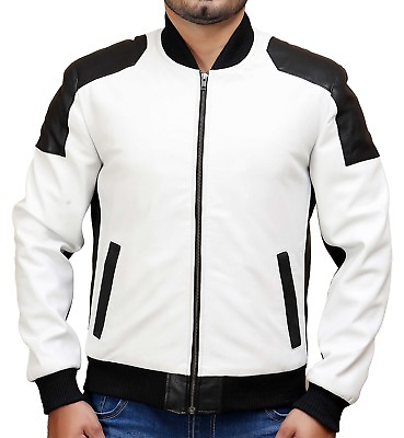 #ad Mens Leather Bomber Slim Fit White and Black Real Soft Perforated Leather Jacket