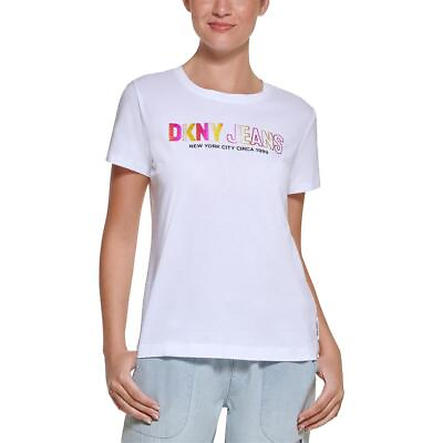 #ad DKNY Jeans Womens White Logo Crewneck Tee T Shirt Top M BHFO 1089
