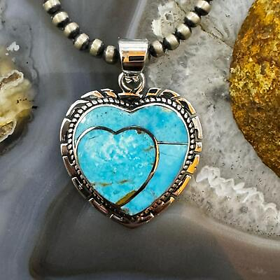 #ad Native American Sterling Silver Large Blue Ridge Turquoise Double Heart Pendant