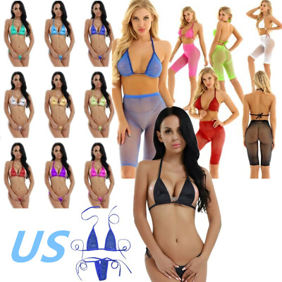 #ad US Womens Sexy 2Pcs Glitter Rhinestone G string Fishnet Lingerie Bikini Swimsuit