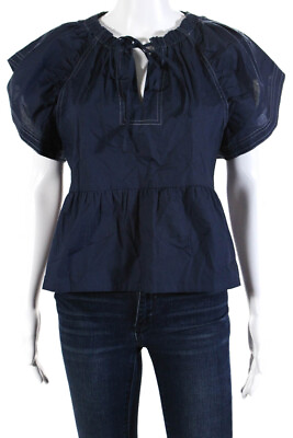 #ad Joes Womens Short Flutter Sleeved Tied V Neck Tunic Blouse Dark Blue Size XS