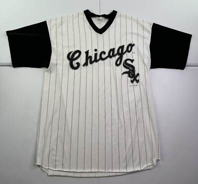 #ad Vtg 1991 Chicago White Sox White Single Stitch Striped Raglan Jersey Shirt XL