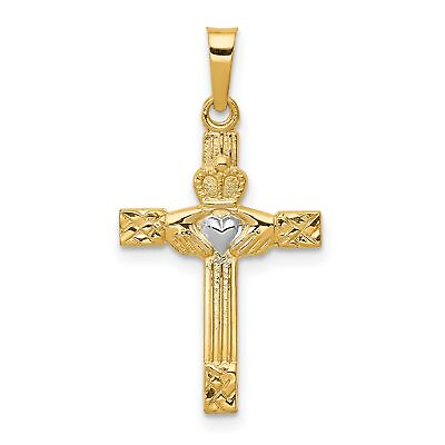 #ad 14k Yellow Gold Latin Cross With Claddagh Symbol And Accented Heart