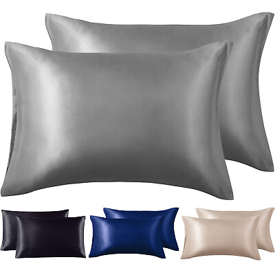 #ad Satin Silk Pillowcase Set 2 Luxury Soft Standard Queen King Pillow Cushion Cover