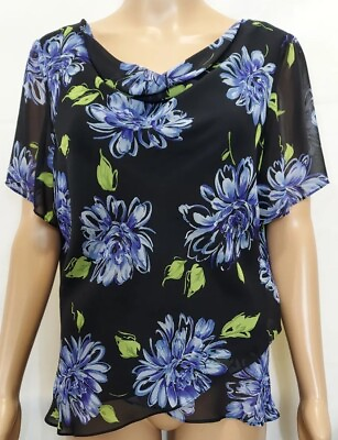 #ad STUDIO 1 Blouse Size 16P Black w Blue Flowers Cowl Neck Short Sleeve Top Shirt