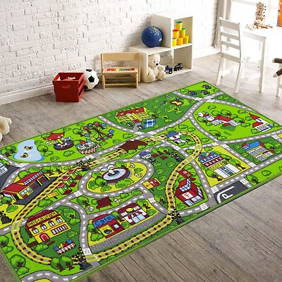 #ad Kids City Town Play Rug 59x31 Road and Train Track Rug for Driving Toy Cars on