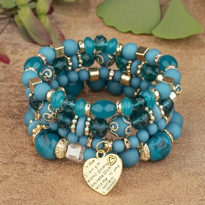 #ad Blue Heart Charm Beads Layered Bracelet Set Bracelet Charm Vintage Jewelry Gift