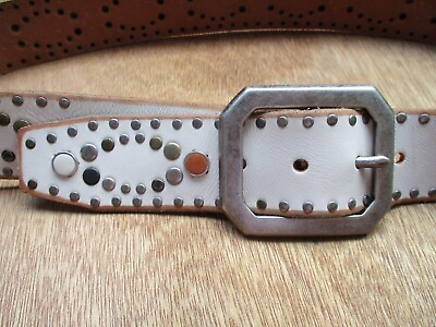 #ad Linea Pelle Collection white studded leather unisex jeans belt 34 36 38
