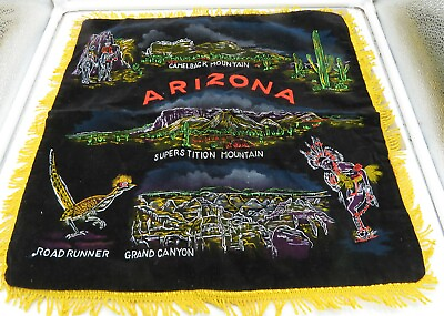 #ad Vintage Arizona Black Velvet Tourist Pillow Cover w Yellow Fringe Red Back