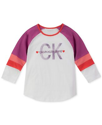 #ad Calvin Klein Big Kid Girls Cotton Colorblocked Raglan T Shirt White L