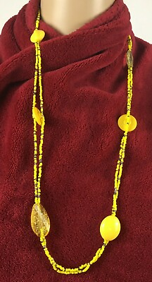 #ad Yellow Beaded Necklace Long Multi Shapes Silver Tone Spacers Beads