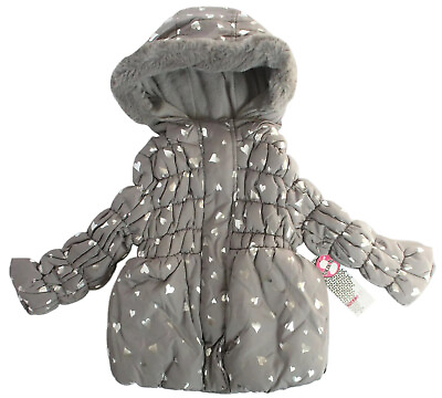 #ad Kensie Baby Girls 24M Heart Foil Printed Jacket Gray Metallic Winter Puffer