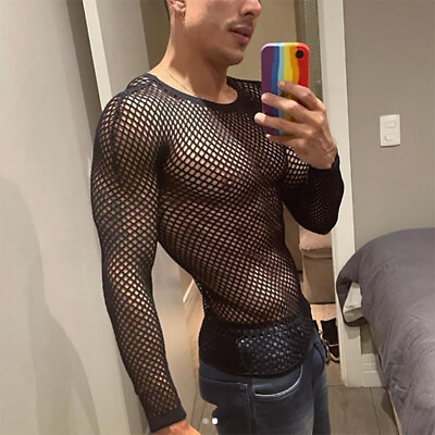 #ad Mens Sexy Fishnet T Shirt Blouse Crew NeckSee Through Tops Party Club Tee Shirt